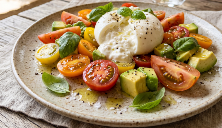 Ensalada de tomate, burrata y aguacate